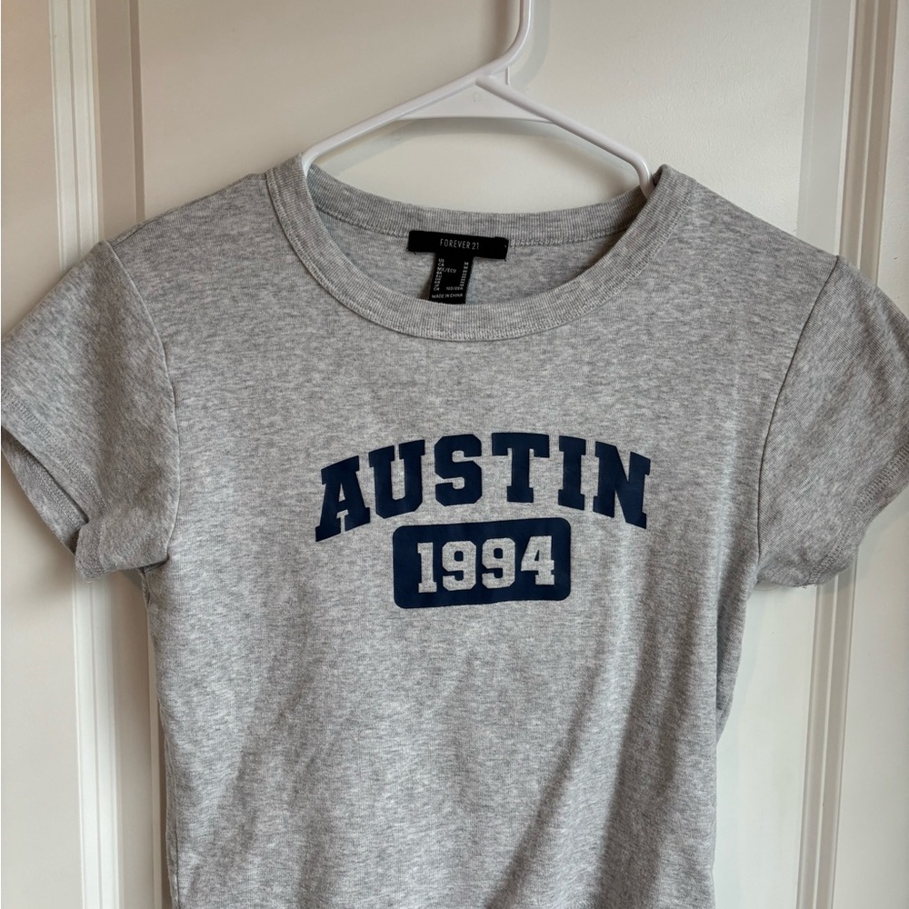 Gray baby tee with Blue Print